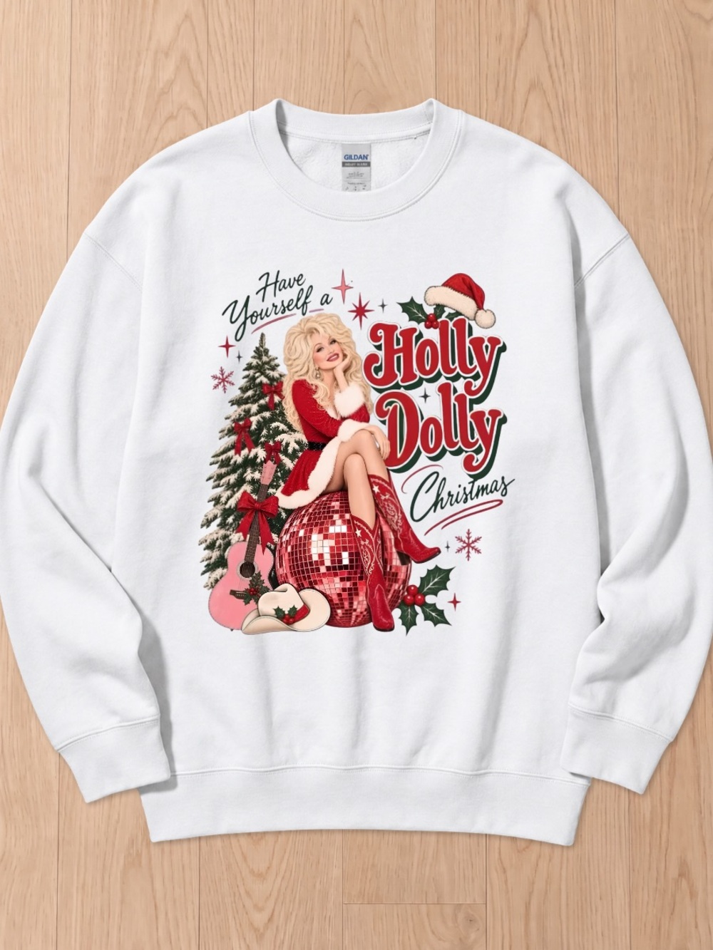 Gildan White Holly Dolly Christmas Pinup Graphic Sweatshirt
